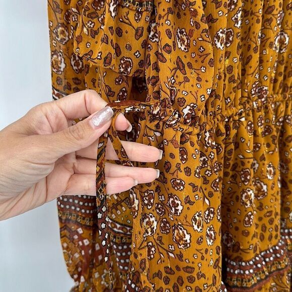 House of Harlow 1960 Boho Rust Gold Brown Ruffle TieredFloral Mini Dress Small - Picture 8 of 13
